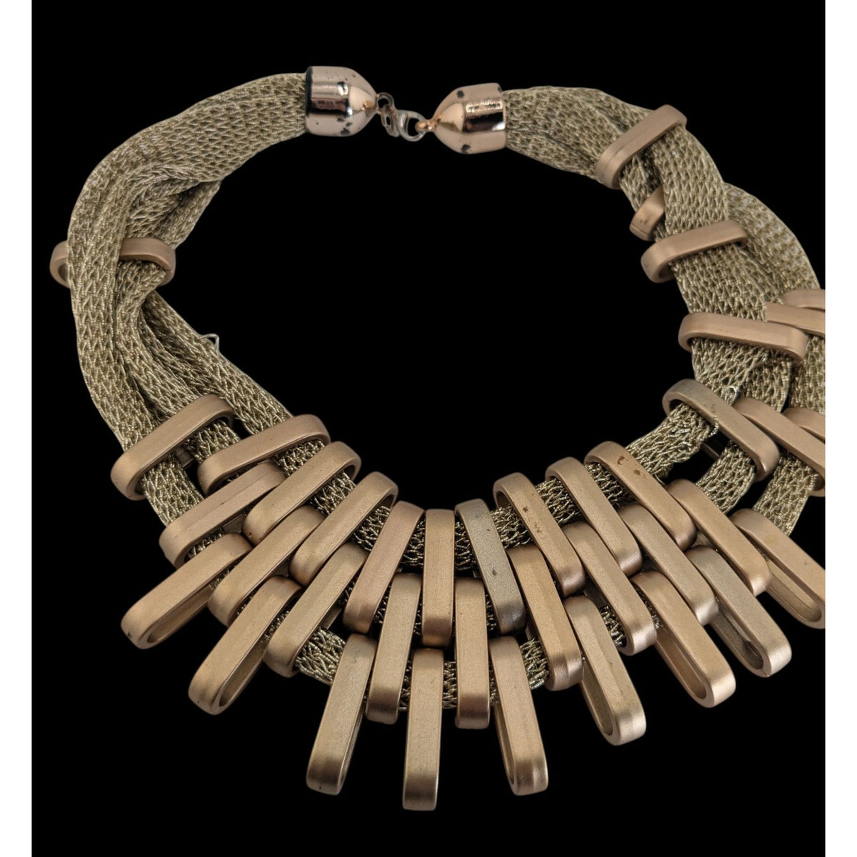 Glam Sculptural Metallic Thread Gold Tone Plastic Bib Necklace 16 Inch