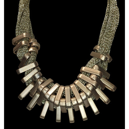Glam Sculptural Metallic Thread Gold Tone Plastic Bib Necklace 16 Inch