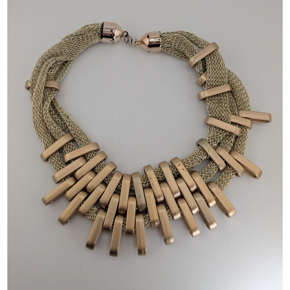 Glam Sculptural Metallic Thread Gold Tone Plastic Bib Necklace 16 Inch