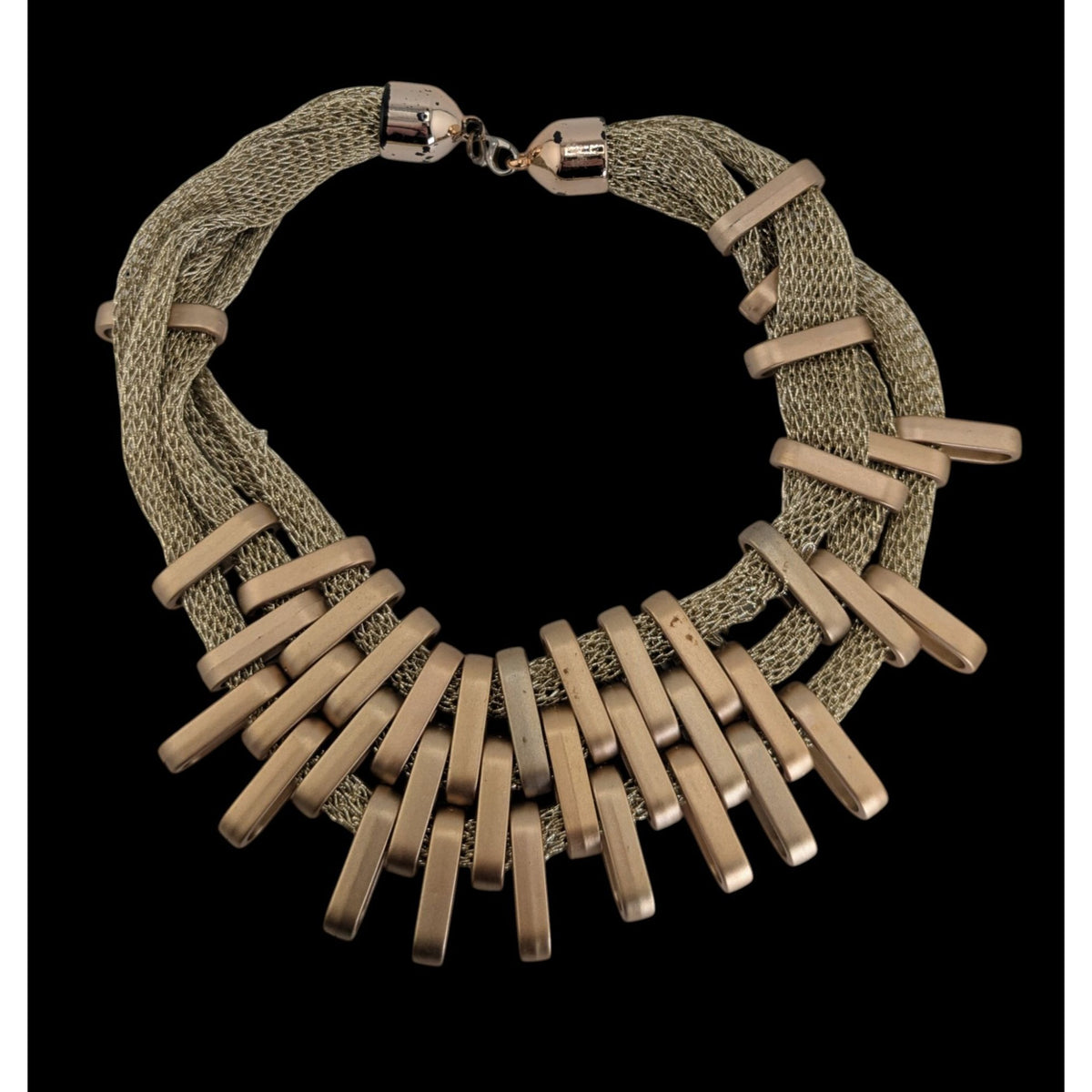 Glam Sculptural Metallic Thread Gold Tone Plastic Bib Necklace 16 Inch
