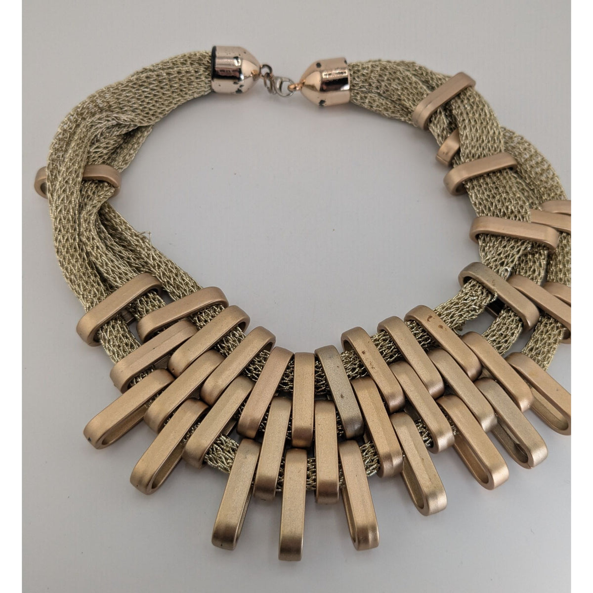 Glam Sculptural Metallic Thread Gold Tone Plastic Bib Necklace 16 Inch