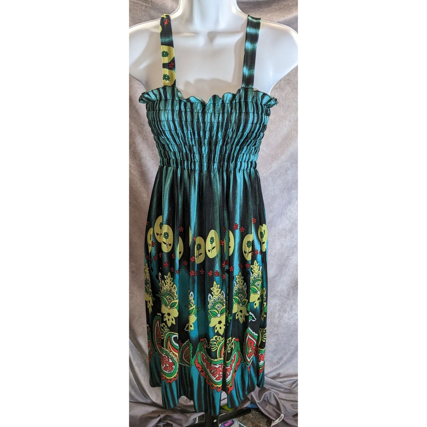 Paisley Floral Ruched Summer Dress Blue Yellow Boho Beach