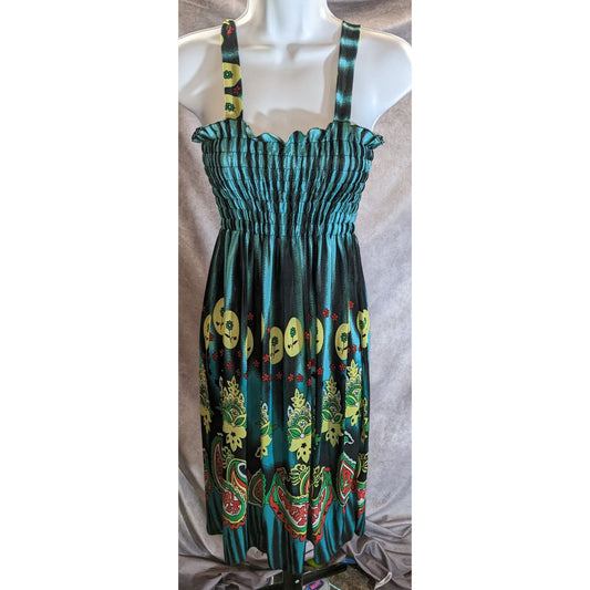 Paisley Floral Ruched Summer Dress Blue Yellow Boho Beach