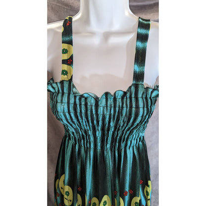 Paisley Floral Ruched Summer Dress Blue Yellow Boho Beach