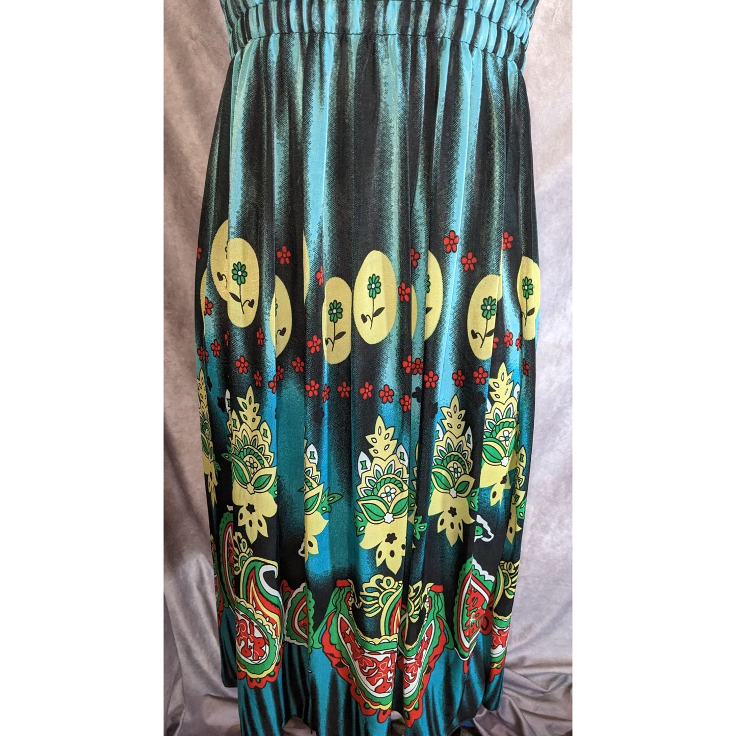 Paisley Floral Ruched Summer Dress Blue Yellow Boho Beach