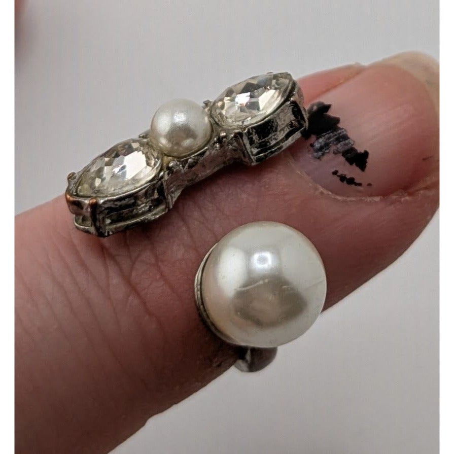 Pearl Rhinestone Open Ring Silver Tone Adjustable Statement Ring Coquette Romantic Glam Jewelry