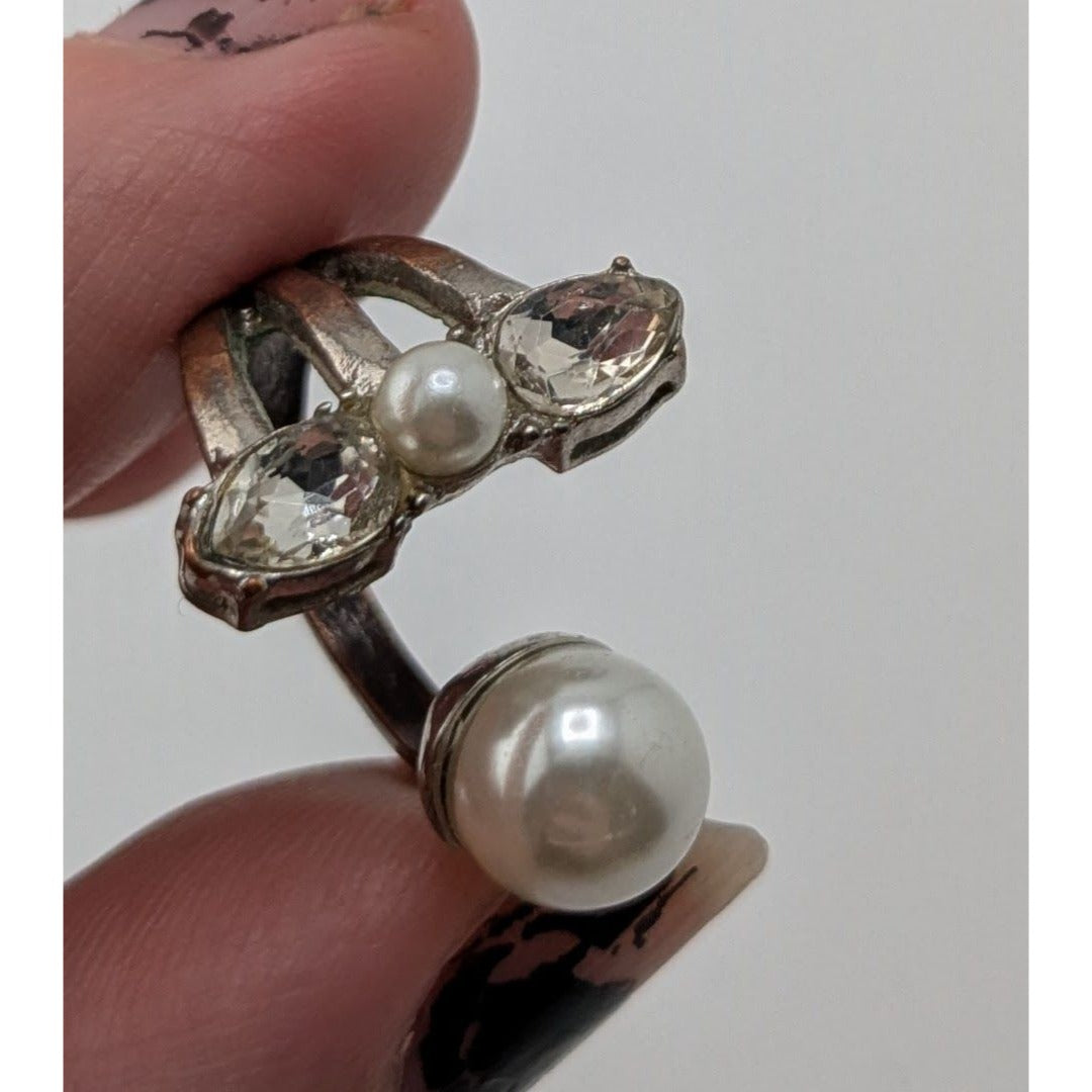Pearl Rhinestone Open Ring Silver Tone Adjustable Statement Ring Coquette Romantic Glam Jewelry