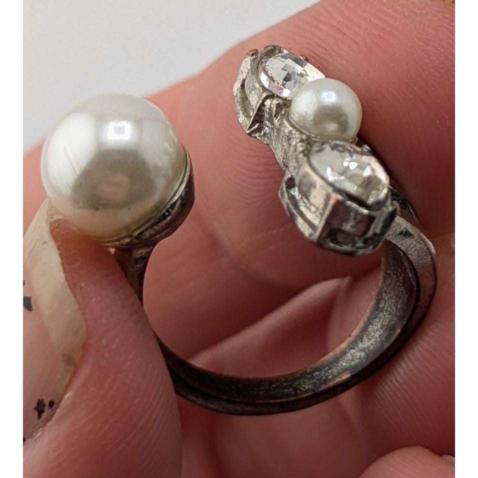 Pearl Rhinestone Open Ring Silver Tone Adjustable Statement Ring Coquette Romantic Glam Jewelry