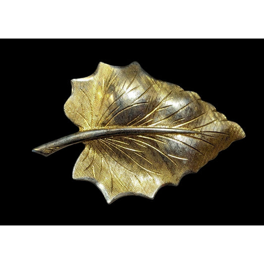 Vintage Etched Gold Tone Textured Leaf Brooch