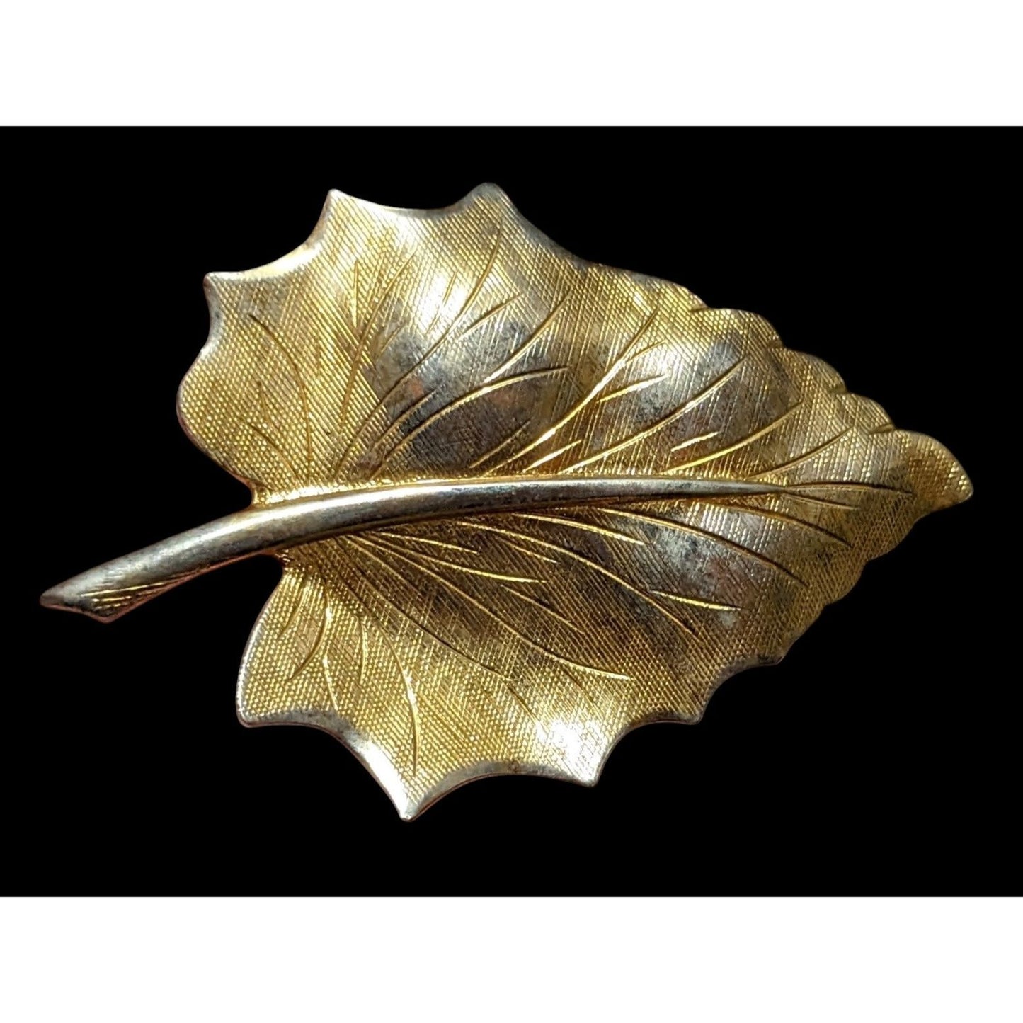 Vintage Etched Gold Tone Textured Leaf Brooch