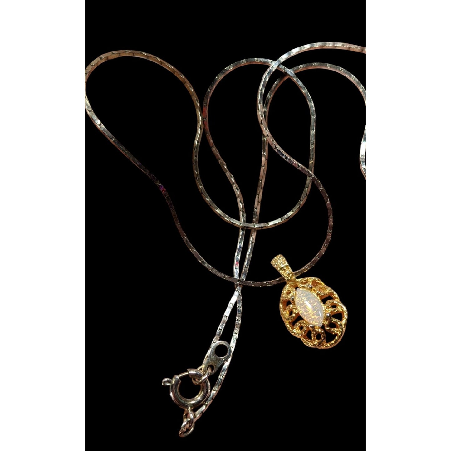 Elegant Oval Faux Opal Gold Tone Pendant Necklace