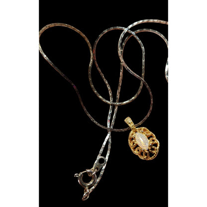 Elegant Oval Faux Opal Gold Tone Pendant Necklace