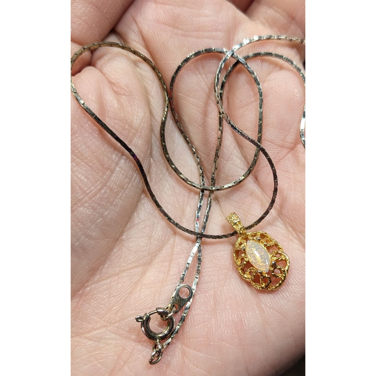 Elegant Oval Faux Opal Gold Tone Pendant Necklace