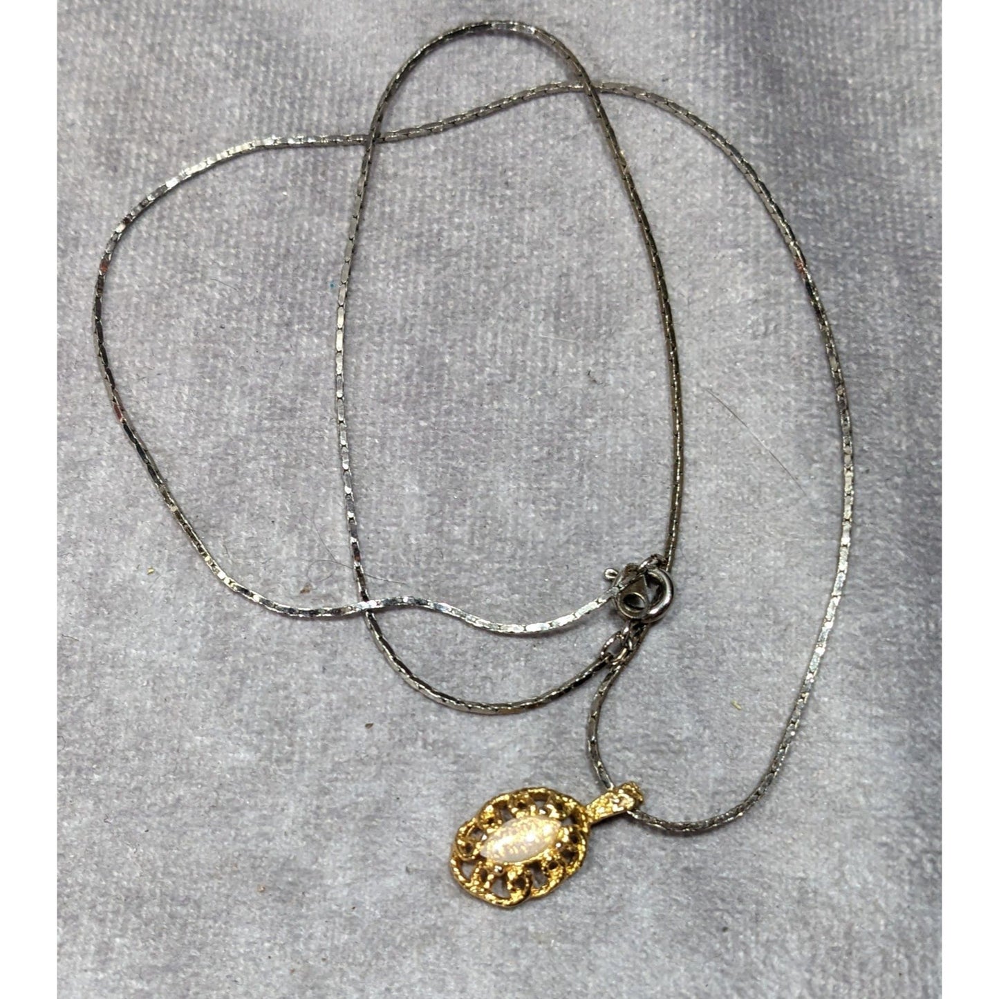 Elegant Oval Faux Opal Gold Tone Pendant Necklace