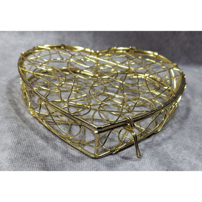 Coquette Mesh Heart Gold Tone Wire Hinged Lidded Basket