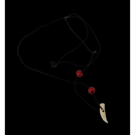 Handmade Tooth Pendant Necklace With Red Beads