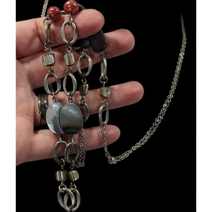 Boho Chic Shell And Pearl Accented Long Chain Link Necklace