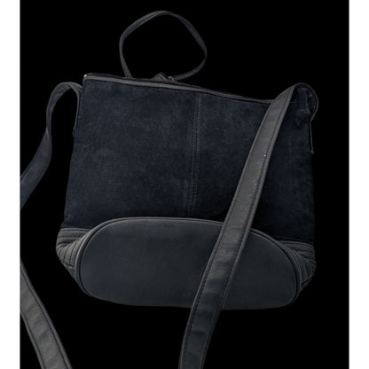 Gothic Black Suede Shoulder Bag With Quilted Leather Base & Coin Purse
