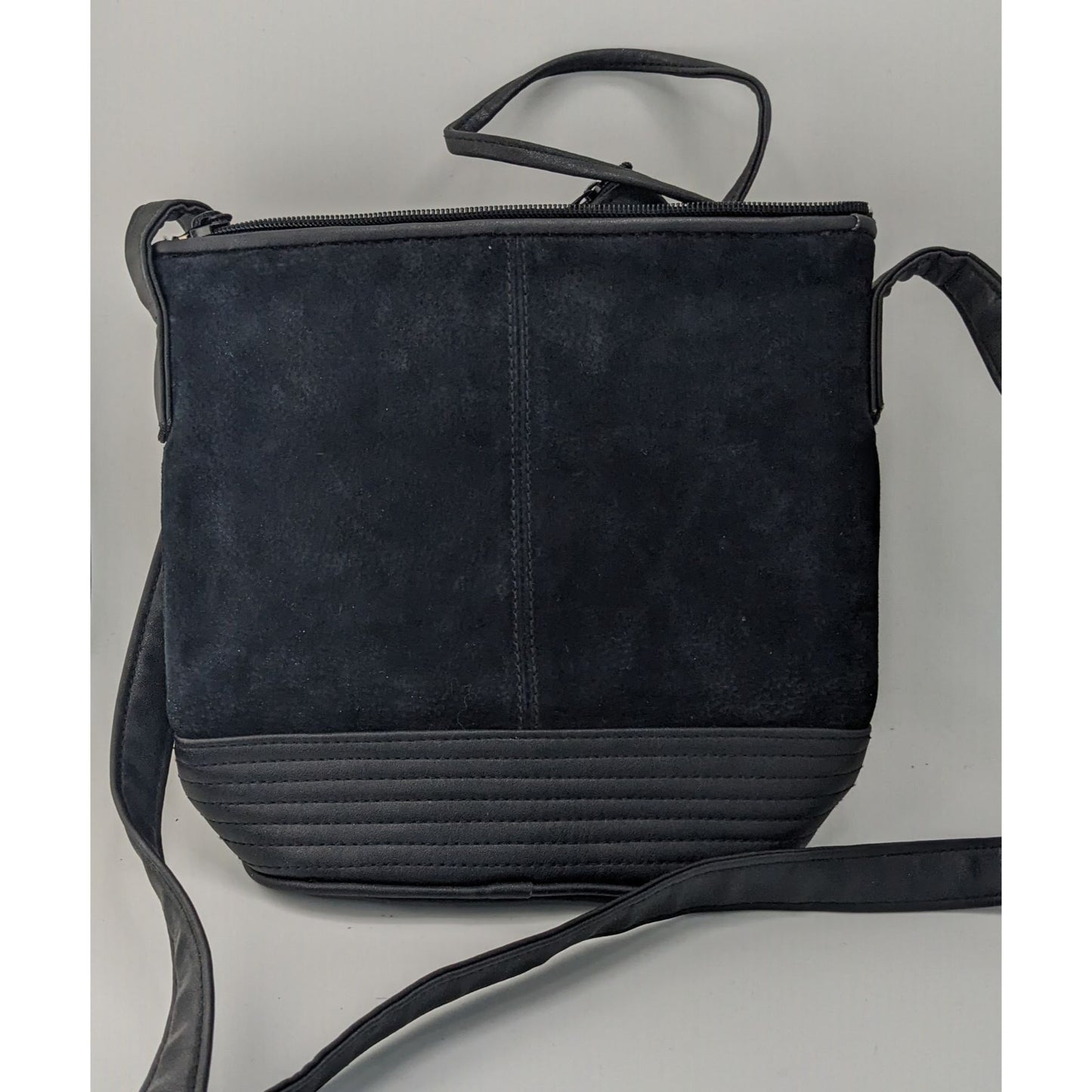 Gothic Black Suede Shoulder Bag With Quilted Leather Base & Coin Purse