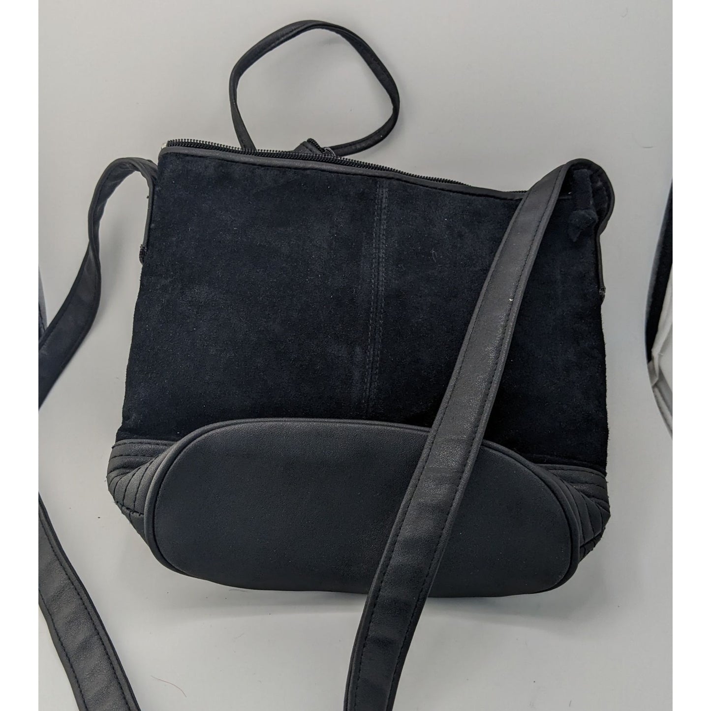 Gothic Black Suede Shoulder Bag With Quilted Leather Base & Coin Purse