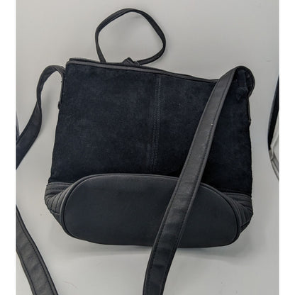 Gothic Black Suede Shoulder Bag With Quilted Leather Base & Coin Purse