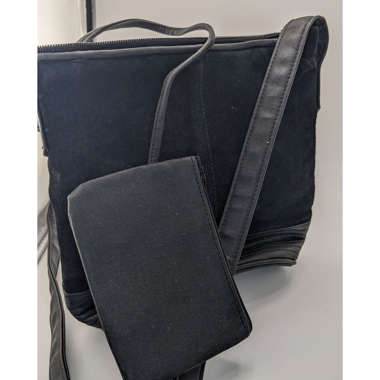 Gothic Black Suede Shoulder Bag With Quilted Leather Base & Coin Purse