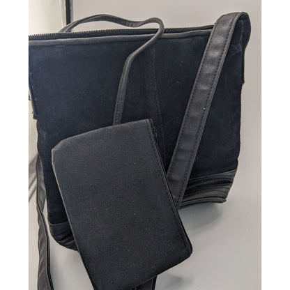 Gothic Black Suede Shoulder Bag With Quilted Leather Base & Coin Purse