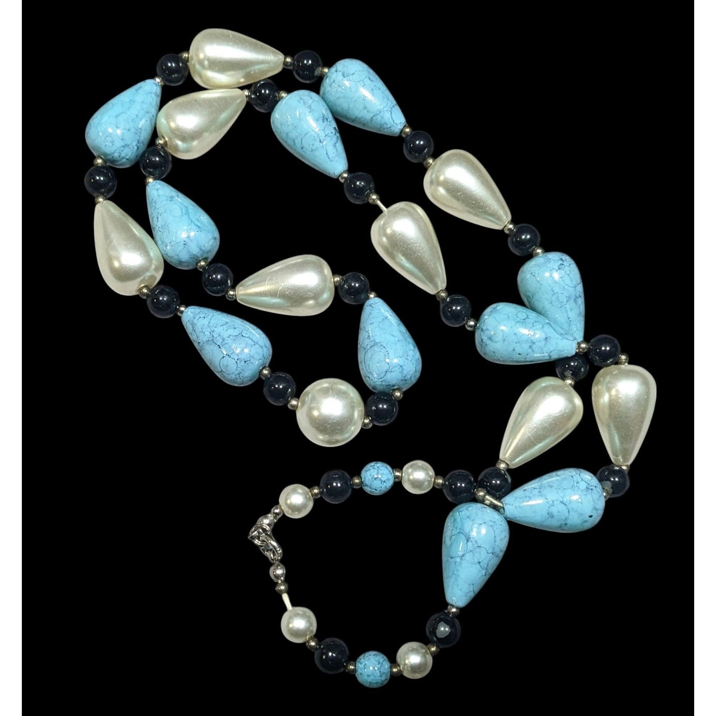 Faux Turquoise And Pearl Teardrop Beaded Necklace