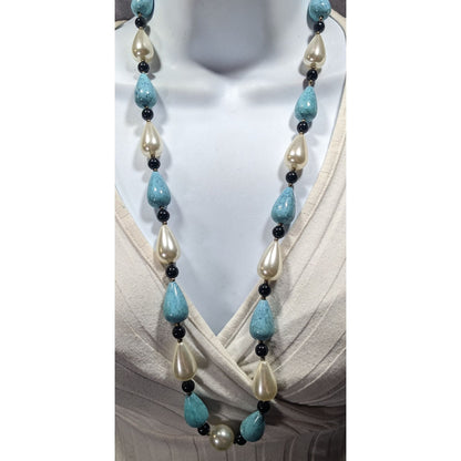Faux Turquoise And Pearl Teardrop Beaded Necklace