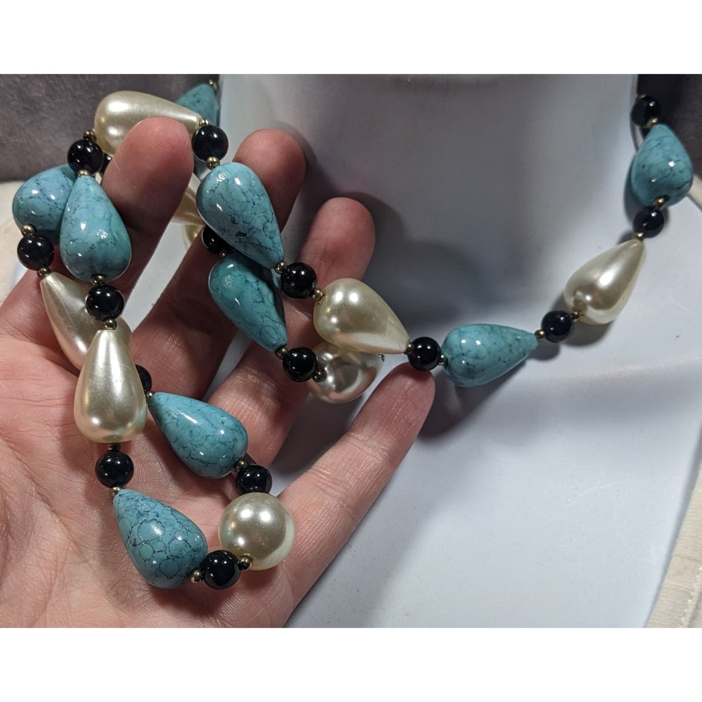 Faux Turquoise And Pearl Teardrop Beaded Necklace