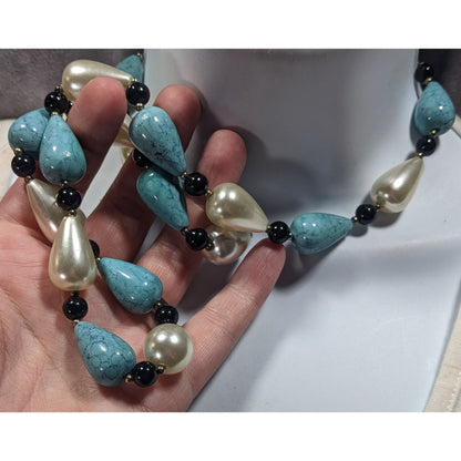 Faux Turquoise And Pearl Teardrop Beaded Necklace