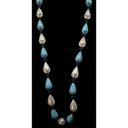Faux Turquoise And Pearl Teardrop Beaded Necklace