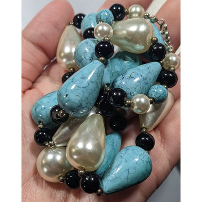Faux Turquoise And Pearl Teardrop Beaded Necklace