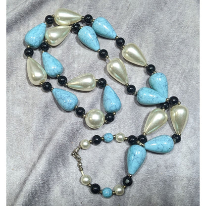 Faux Turquoise And Pearl Teardrop Beaded Necklace