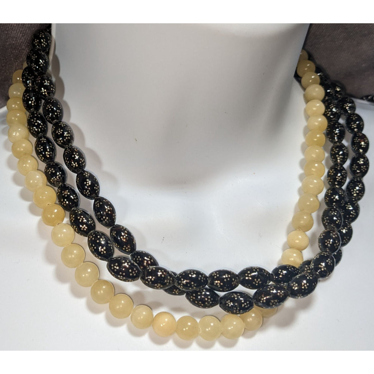 Jay King Vintage Boho Black Floral Bead Yellow Stone Necklace Sterling Silver