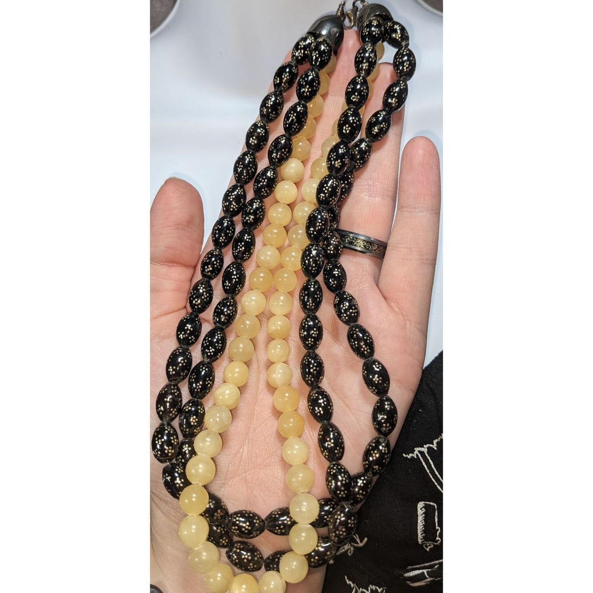Jay King Vintage Boho Black Floral Bead Yellow Stone Necklace Sterling Silver