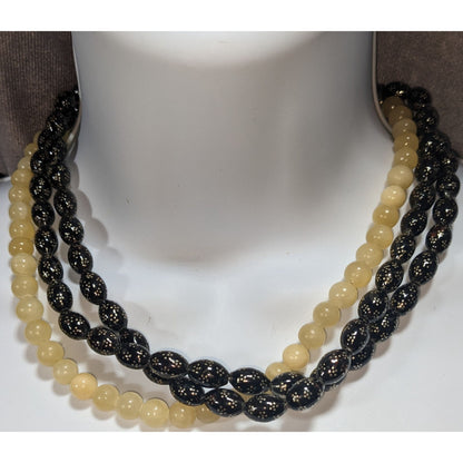 Jay King Vintage Boho Black Floral Bead Yellow Stone Necklace Sterling Silver