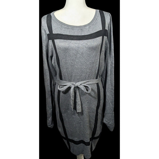 Love Scarlett Grey And Black Accent Striped Tie Waist Sweater Dress