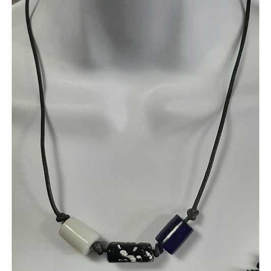 Handmade Chunky Black And White Beaded Necklace On Black Cord
