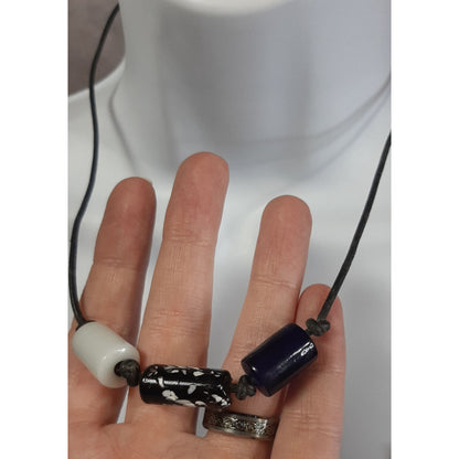 Handmade Chunky Black And White Beaded Necklace On Black Cord