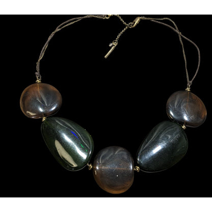 Kenneth Cole Brown & Green Beaded Statement Necklace With Adjustable Cord & Gold Tone Accents