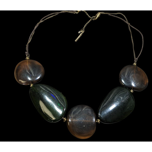 Kenneth Cole Brown & Green Beaded Statement Necklace With Adjustable Cord & Gold Tone Accents
