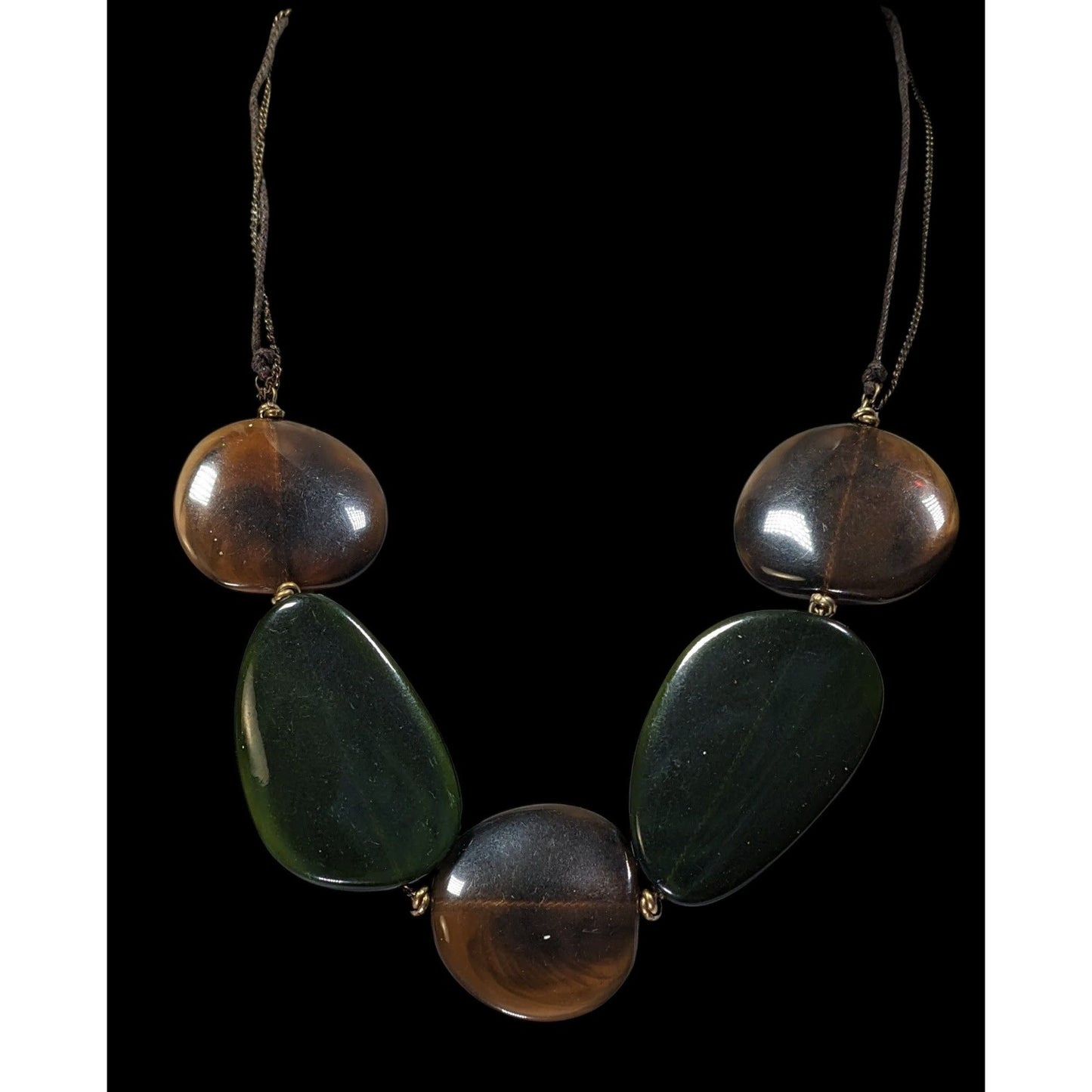 Kenneth Cole Brown & Green Beaded Statement Necklace With Adjustable Cord & Gold Tone Accents