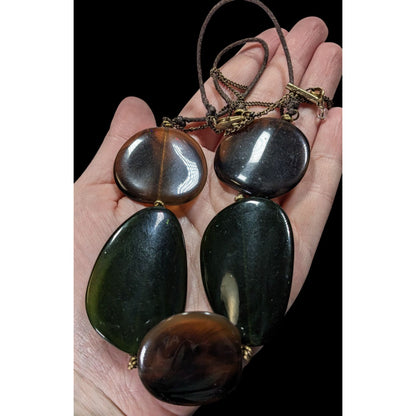 Kenneth Cole Brown & Green Beaded Statement Necklace With Adjustable Cord & Gold Tone Accents