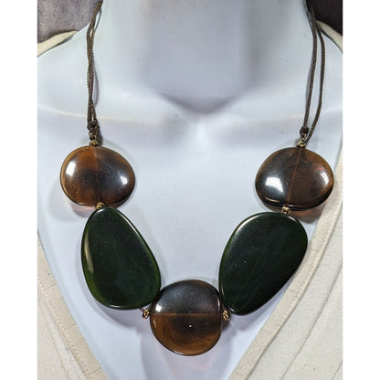 Kenneth Cole Brown & Green Beaded Statement Necklace With Adjustable Cord & Gold Tone Accents