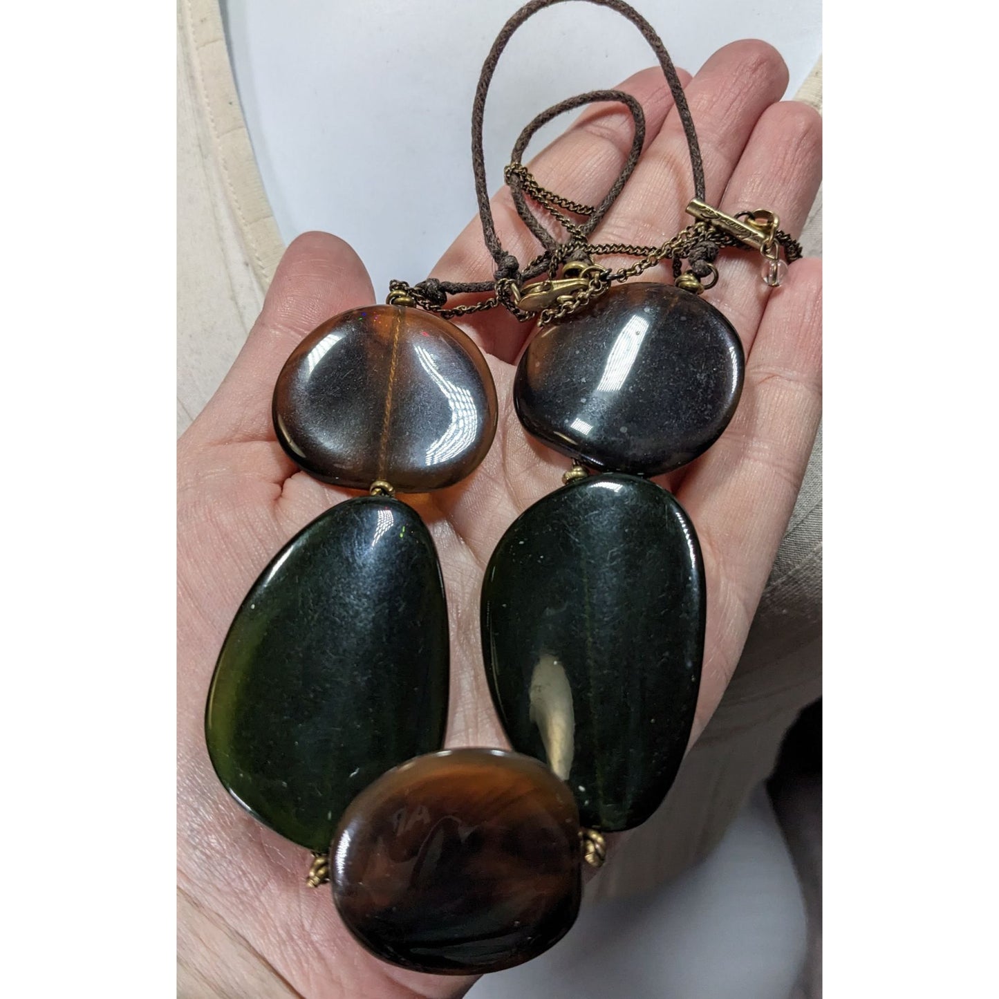 Kenneth Cole Brown & Green Beaded Statement Necklace With Adjustable Cord & Gold Tone Accents