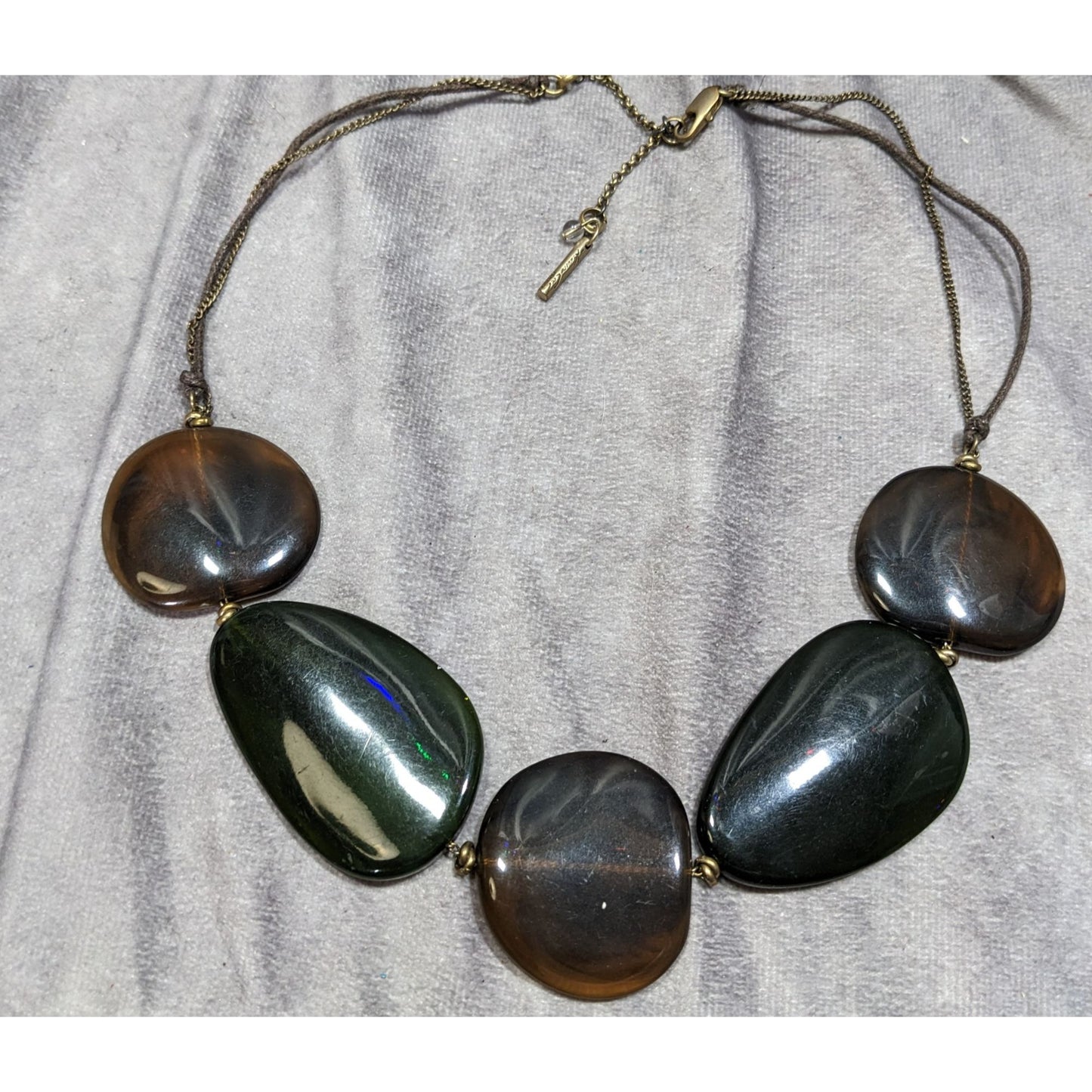 Kenneth Cole Brown & Green Beaded Statement Necklace With Adjustable Cord & Gold Tone Accents