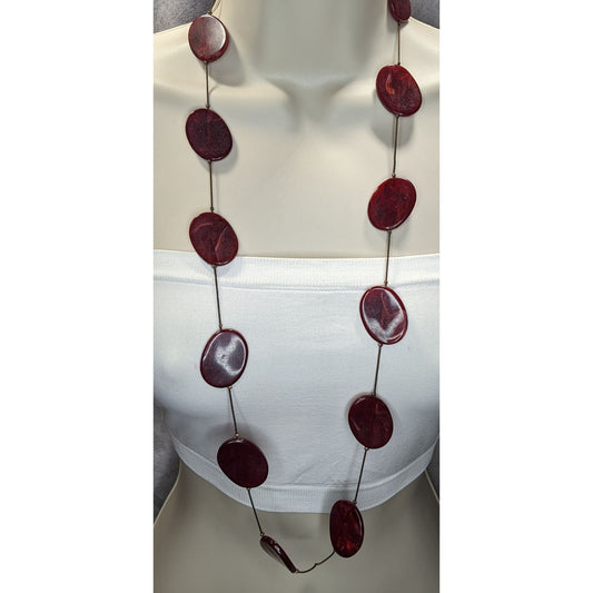 Boho Long Burgundy Lucite Station Necklace Swirl Oval Beads Artsy Retro Statement