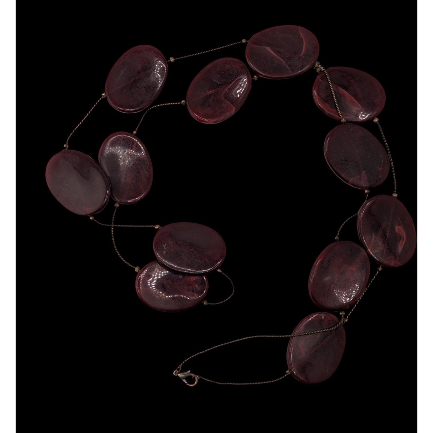 Boho Long Burgundy Lucite Station Necklace Swirl Oval Beads Artsy Retro Statement