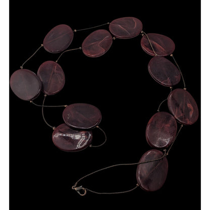 Boho Long Burgundy Lucite Station Necklace Swirl Oval Beads Artsy Retro Statement
